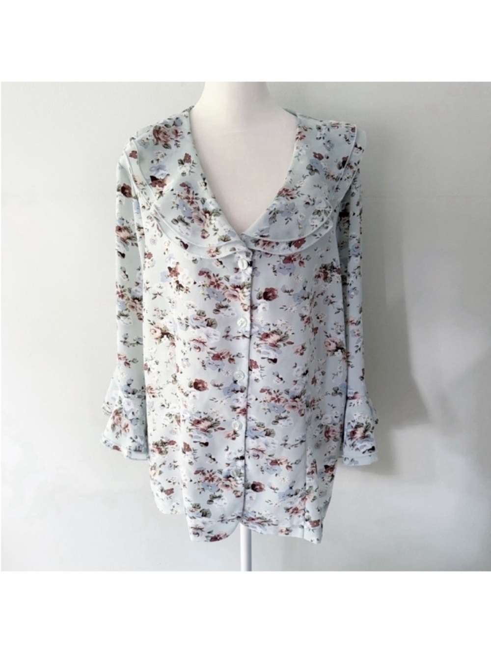 Vintage Women Y2K Floral Ruffle Bell Sleeve Button Down Top Large Cottagecore